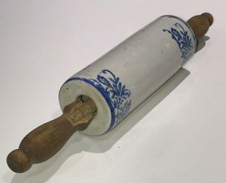 Antique Blue & White WIldflower Pattern Stoneware Pottery Rolling Pin 3