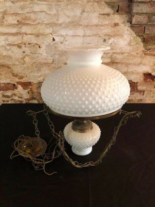 Vintage White Milk Glass Hobnail Hurricane Hanging Ceiling Lamp Light 2