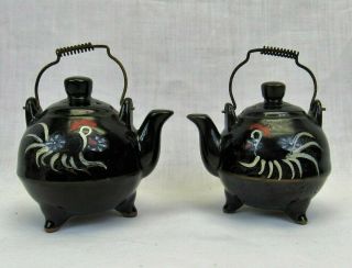Vintage Salt And Pepper Shakers Rooster Redware Teapots Black Antique