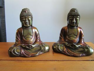 1920 ' s ARMOR BRONZE POLYCHROME BUDDHA BOOKENDS STATUES COND. 2