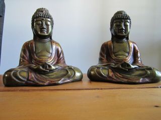 1920 ' s ARMOR BRONZE POLYCHROME BUDDHA BOOKENDS STATUES COND. 3