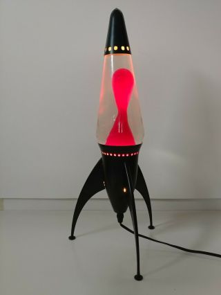 Vintage Lava Lite Lamp Black Metal Pink Purple Lava Rocket Spaceship 20 "