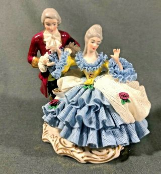 Vintage Dresden Lace Figurine Courting Couple Porcelain Lady And Gentleman