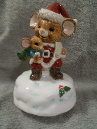 Otagiri Music Box Santa Claus Mouse W/ Baby We Wish You A Merry Christmas