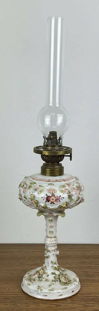 Antique Dresden Porcelain Oil Lamp Hand Painted W/ Collar & Burner