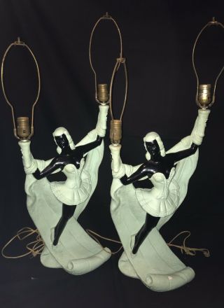 Antique Vintage Mid Century Chalkware Double Bulb Ballerina Table Lamps : Pair