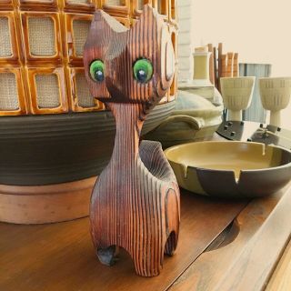 Vintage Witco Style Carved Cat W Green Eyes - Tiki 60s 70s Mid Century Kitschy