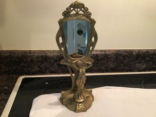 Vintage Solid Brass Art Noveau Deco Mirror On Stand With Greek Maiden Figurine