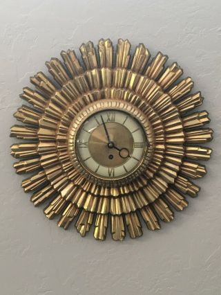 Vintage Mid Century Modern Welby Starburst 8 Day Wall Clock Key Gold
