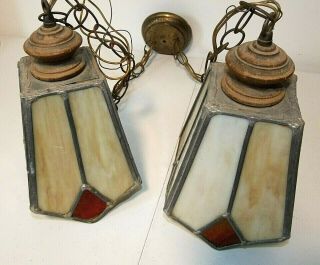 Pair Vintage Slag Glass Hanging Ceiling Pendant Swag Lights,  Amber And Red Glass