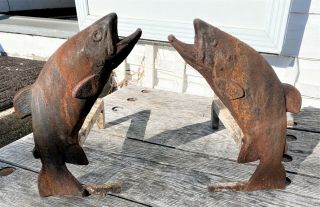 Rare Antique Cast - Iron Trout Fish Fireplace Andirons Signed Liberty Foundry