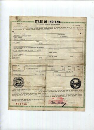 Vtg Car Title Indiana 1953 Chevrolet Bel Air 4 Dr Sedan 2403 Historical Document