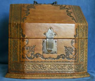 Vintage Florentine Made In Italy Gold Tooled Brown Leather Desk Caddy 2