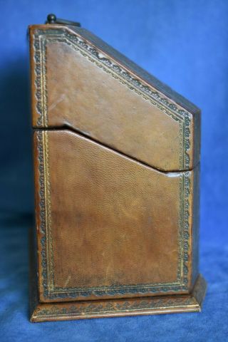 Vintage Florentine Made In Italy Gold Tooled Brown Leather Desk Caddy 3