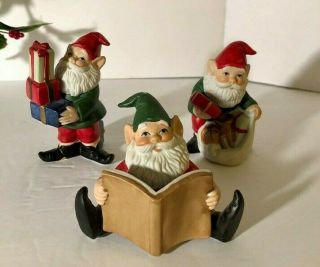 Homco Christmas Santa Gnomes Pixie Elves Set Of 3 No 5602 Vintage Porcelain