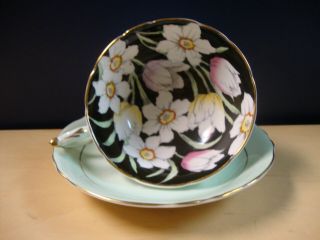 Vintage Paragon Tulip & White Floral Over Black - Cup And Saucer -