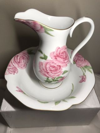 Givenchy Rose Wash Bowl Basin & Pitcher Fine Porcelain 1986 Franklin