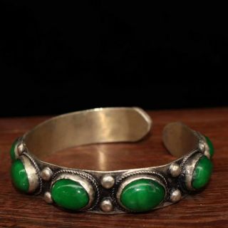 China Collectable Handwork Old Miao Silver Inlay Green Jade Auspicious Bracelet
