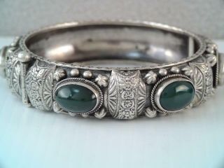 Lg Antique Etruscan 800 Silver Italy Green Stone Bangle Bracelet Very Ornate