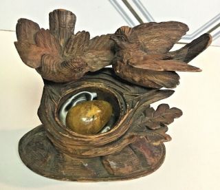Antique Black Forest German Mini Hand Carved Birds Nest Figure Amber Egg