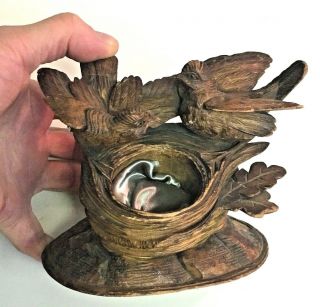 Antique Black Forest German Mini Hand carved Birds Nest figure Amber Egg 3
