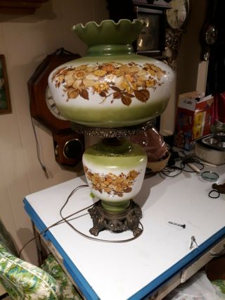 Vntg 3 - Way Lrg 26 Inches Parlor Lamp Gone With The Wind Hurricane Floral Glass