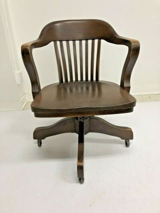 Vintage Wood Banker Chair Antique Office Industrial Wooden Swivel Arm Desk 30s