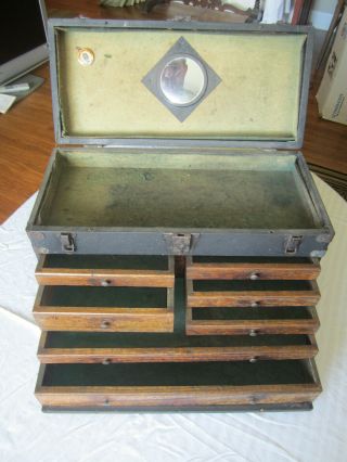Vintage Antique 7 Drawer Machinist Chest Tool Box Leather Metal & Wood W Mirror