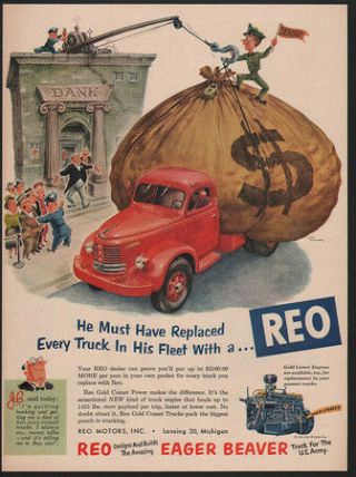 1951 Red Reo Gold Comet Fleet Trucks - Bank - Money Bag - Banker - Vintage Ad