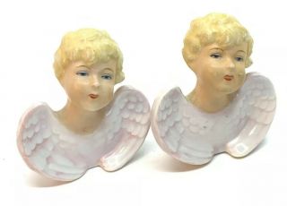 Pair Vintage Orlik Bisque Angel Head Busts Porcelain Figurine 2.  75 "