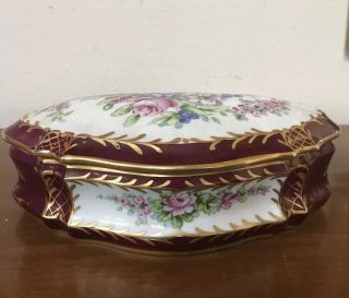 Antique French Box Hand Painted Burgundy Red/gold Flowers