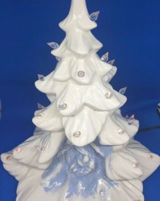 Vintage White Ceramic Christmas Tree Blue Nativity Scene 13.  5” White Bulbs Rare
