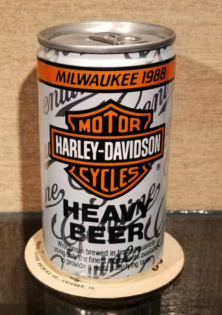 1988 White Milwaukee Harley Davidson Motorcycle Heavy Tab Top Beer Can Huber
