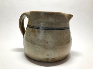 Vintage Antique Stoneware Pitcher Pottery Crock With Blue Stripe Primitive Short