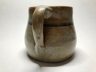 Vintage Antique Stoneware Pitcher Pottery Crock With Blue Stripe Primitive Short 2