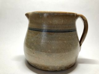 Vintage Antique Stoneware Pitcher Pottery Crock With Blue Stripe Primitive Short 3