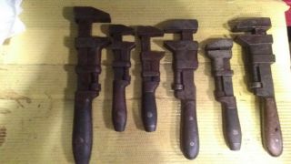 6 Antique Wood Handle Monkey Wrenches,  Coe 