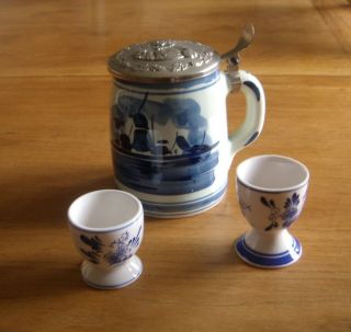 Vintage Delft Ware Beer Stein With Pewter Lid,  2 Egg Cups - - - Windmill Pattern.