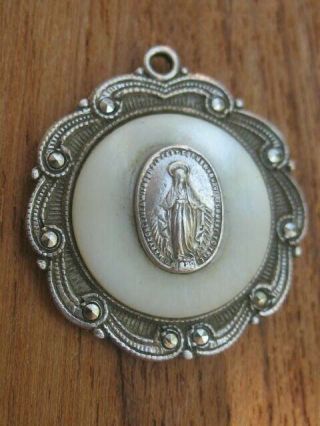 Antique Sterling Silver Religious Medal Charm Marcasite Virgin Mary Catholic Nr