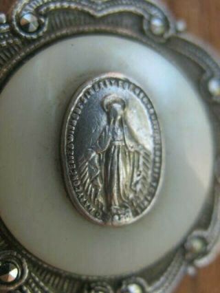 Antique Sterling Silver Religious Medal Charm Marcasite Virgin Mary Catholic NR 2