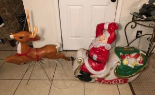 General Foam Santa Sleigh Reindeer Christmas Blow Mold Lighted Yard Decor Vtg