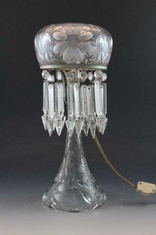 Antique American Brilliant Cut Glass Crystal Mushroom Shade Lamp W/ Prisms