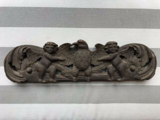 Vintage Carved Wood Piece From Mirror? Or Chair? Eagle Cherubs Flowers 15”