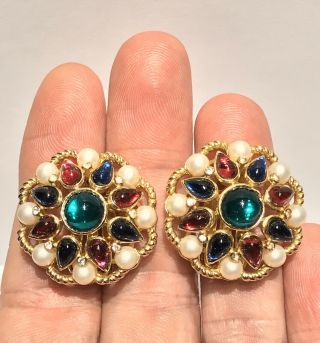 Vtg Trifari Alfred Philippe Jewels Of India Earrings Cabochon Rhinestone