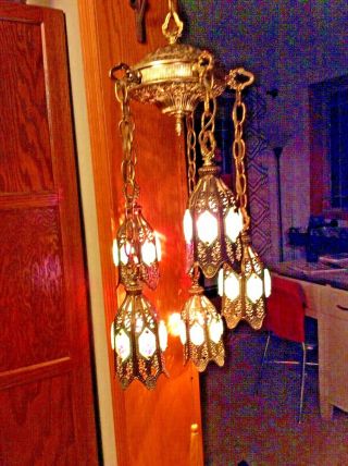 Pair Vintage Hollywood Regency Filigree Mid Century 5 Light Crystals Swag Lamps