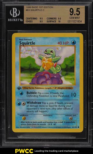 1999 Pokemon Game 1st Edition Squirtle 63 Bgs 9.  5 Gem (pwcc)