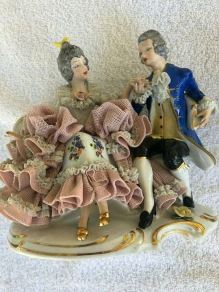 Antique Dresden Lace Vintage German 370 Figural Group Couple Courting Dancing