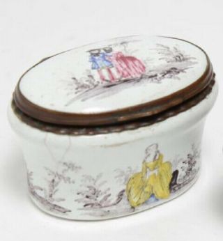 Antique English Bilston Or Battersea Enamel Oval Box With Courting Couples,  Circ