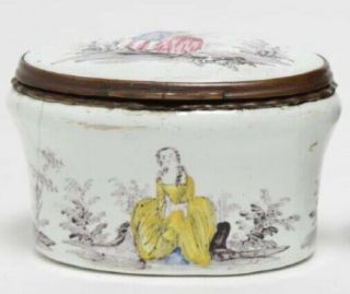 Antique English Bilston or Battersea enamel oval box with courting couples,  circ 2