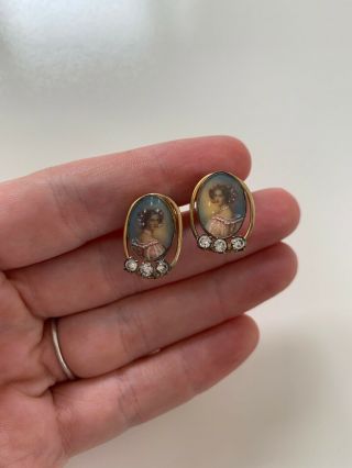 Vintage Carl Art 12k Gold Filled Hand Painted Portrait Cameo Earrings